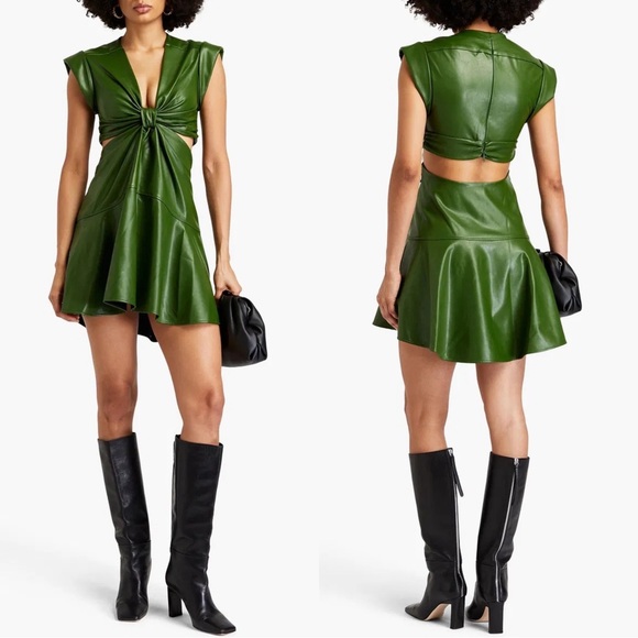 A.L.C. Lexi Faux Leather Cut Out Mini Flounce Hem Dress Size 6 Forest Green - Picture 2 of 13